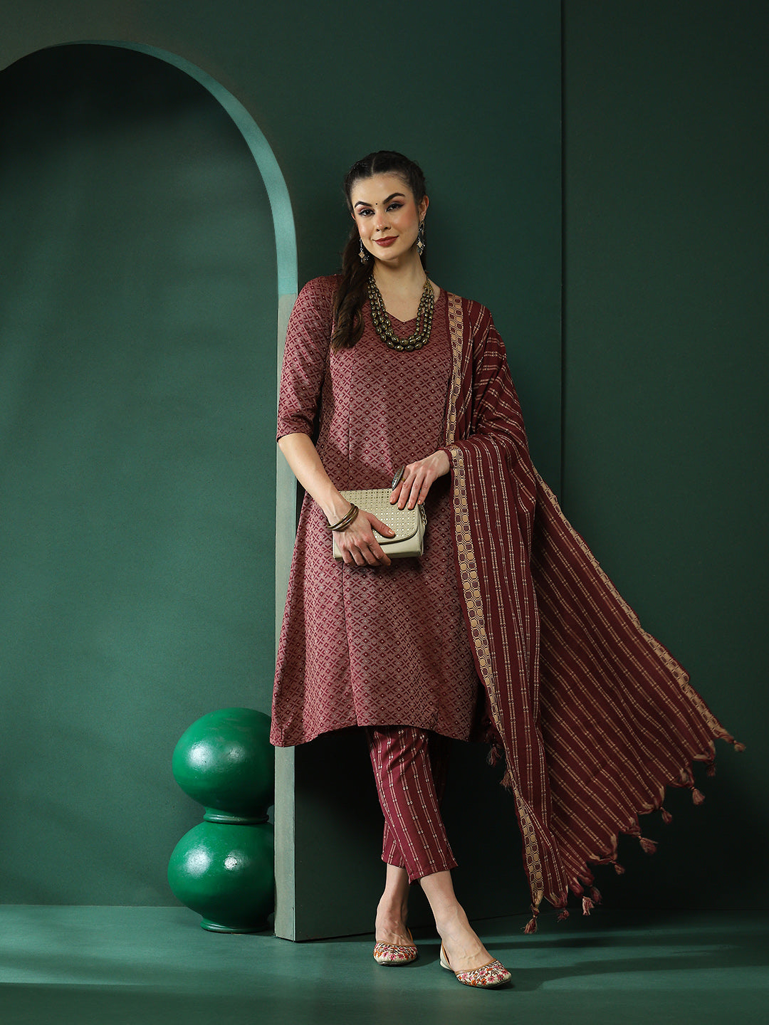 Maroon Printed A-Line Kurta Pant With Striped Dupatta - Elganza