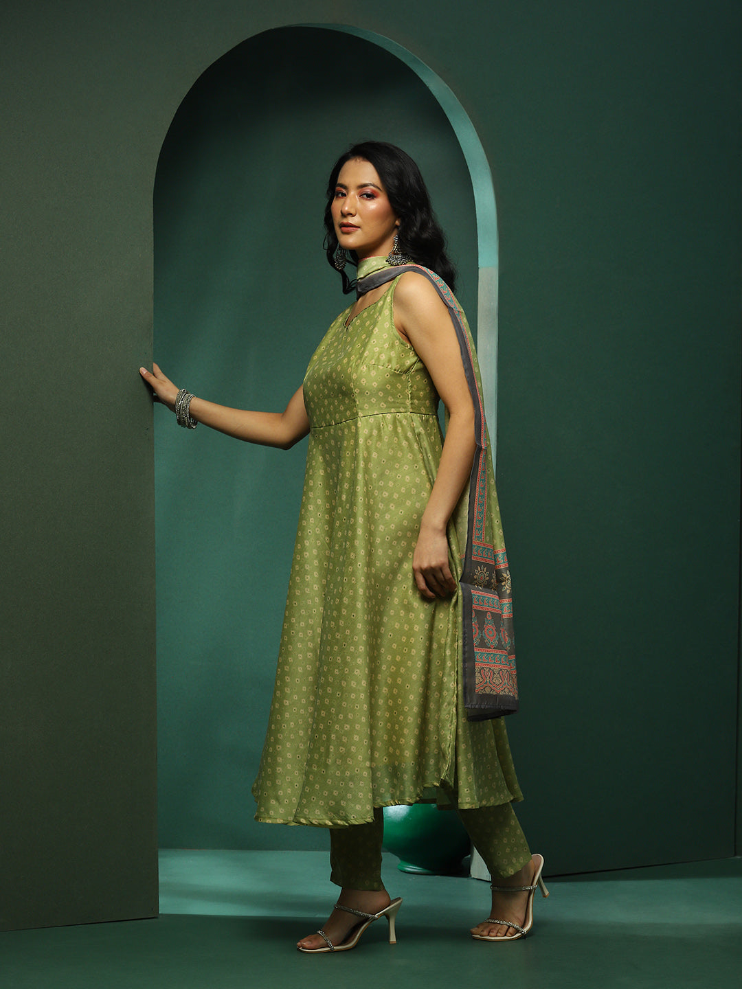 Green Digital Print Anarkali Pant With Dupatta - Elganza