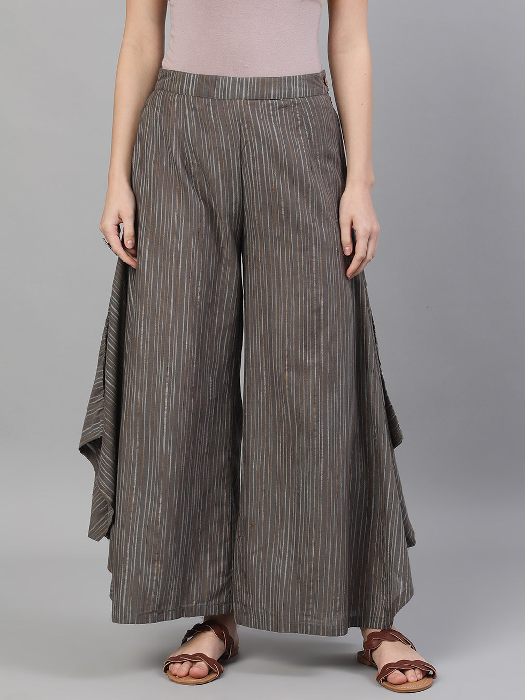 Grey Relaxed Fit Palazzos With Striped Detail - Elganza