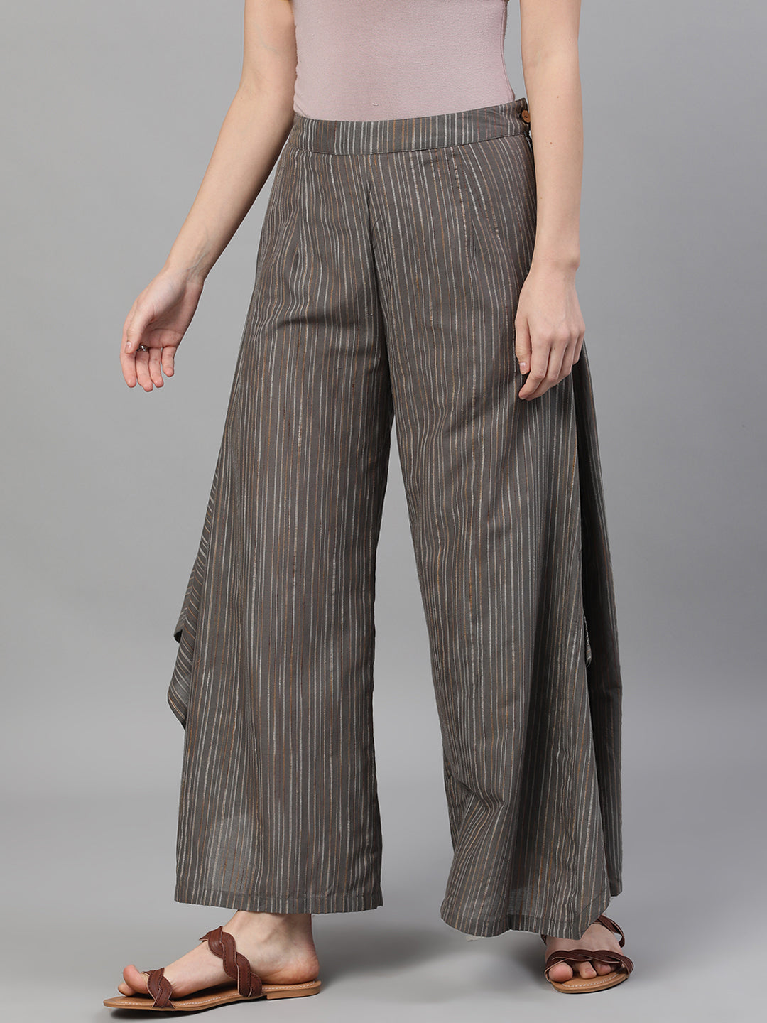 Grey Relaxed Fit Palazzos With Striped Detail - Elganza