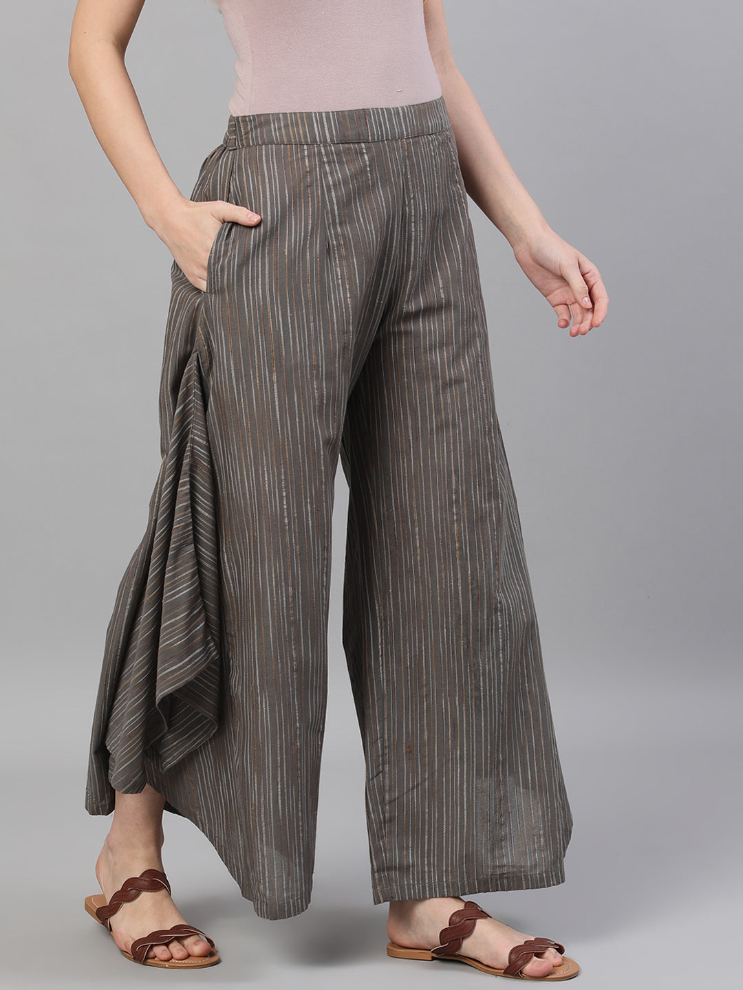 Grey Relaxed Fit Palazzos With Striped Detail - Elganza