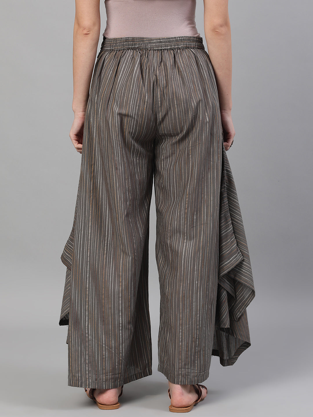 Grey Relaxed Fit Palazzos With Striped Detail - Elganza
