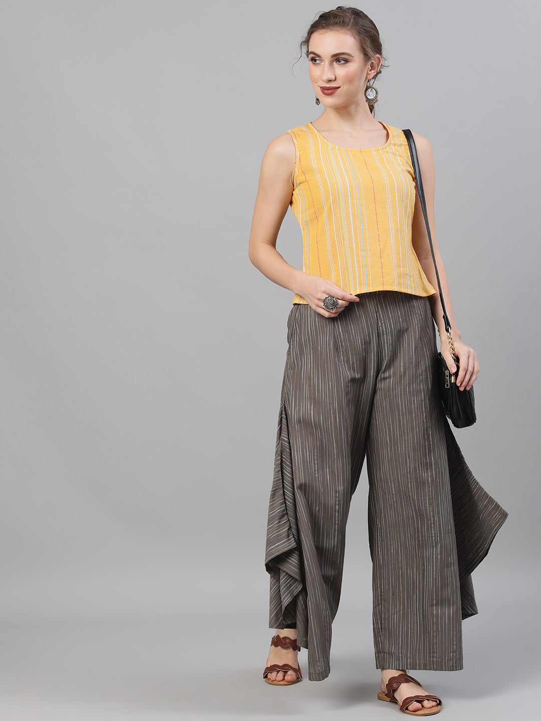 Grey Relaxed Fit Palazzos With Striped Detail - Elganza