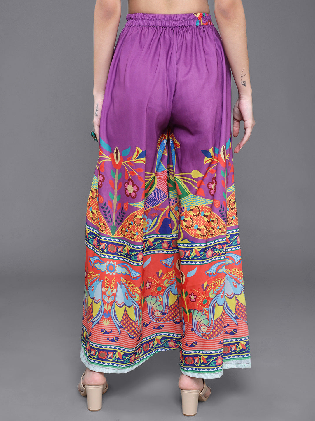 Purple & Orange Printed Flared Palazzo - Elganza