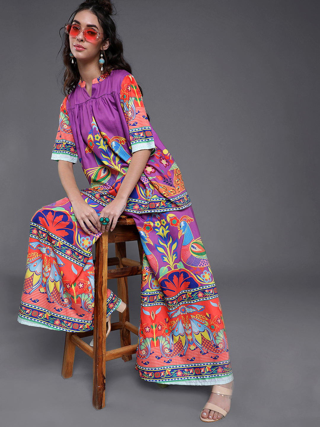 Purple & Orange Printed Flared Palazzo - Elganza