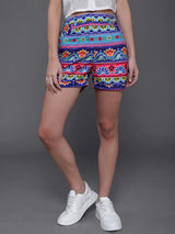Blue & Pink Floral Print Shorts - Elganza