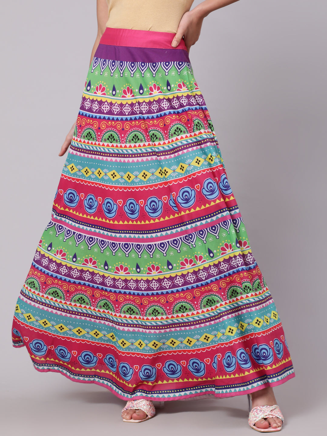 Multicolor Floral Print Flared Skirt - Elganza
