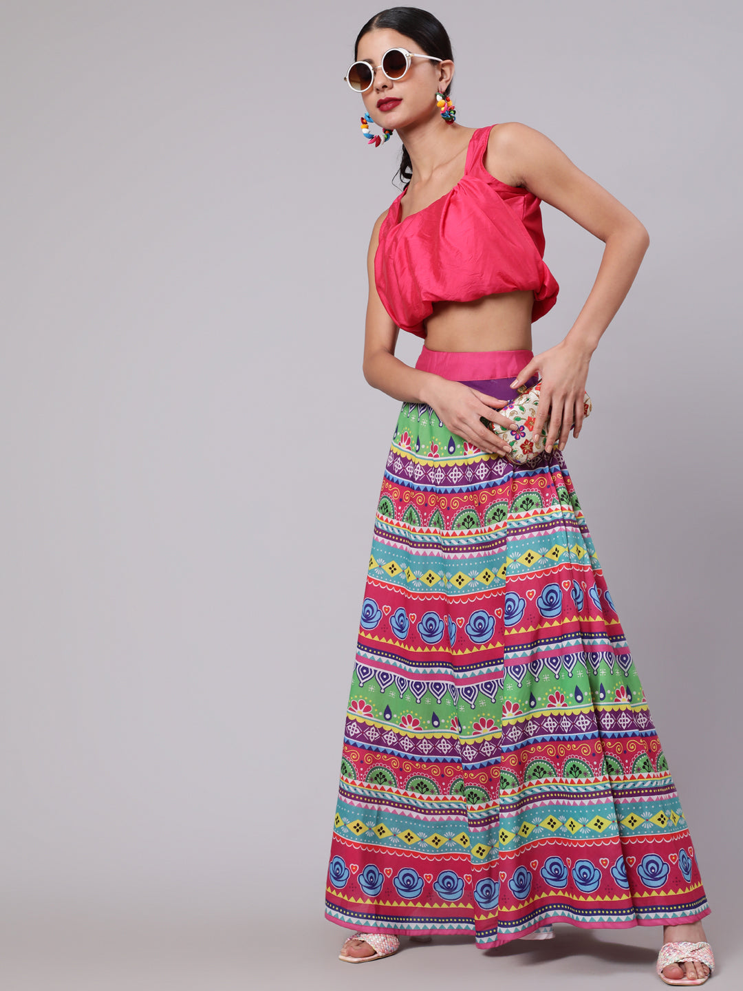 Multicolor Floral Print Flared Skirt - Elganza