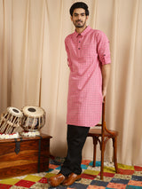 Pink Diamond Checked Pathani Kurta - Elganza