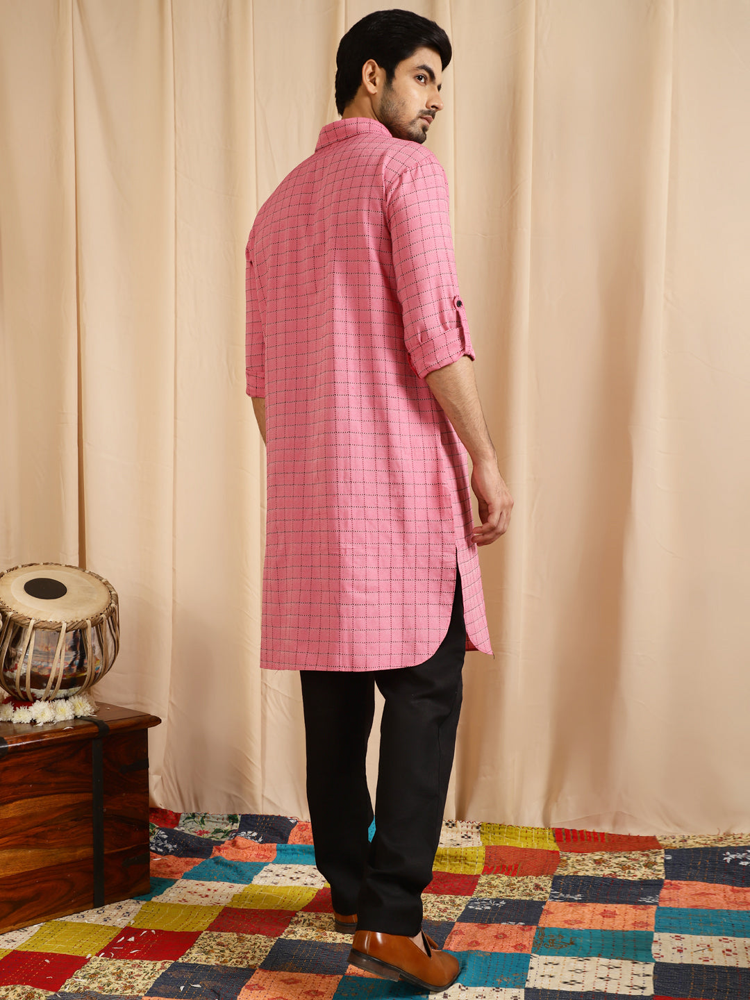 Pink Diamond Checked Pathani Kurta - Elganza
