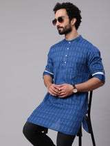 Blue Printed Straight Kurta With Roll-Up Sleeve - Elganza