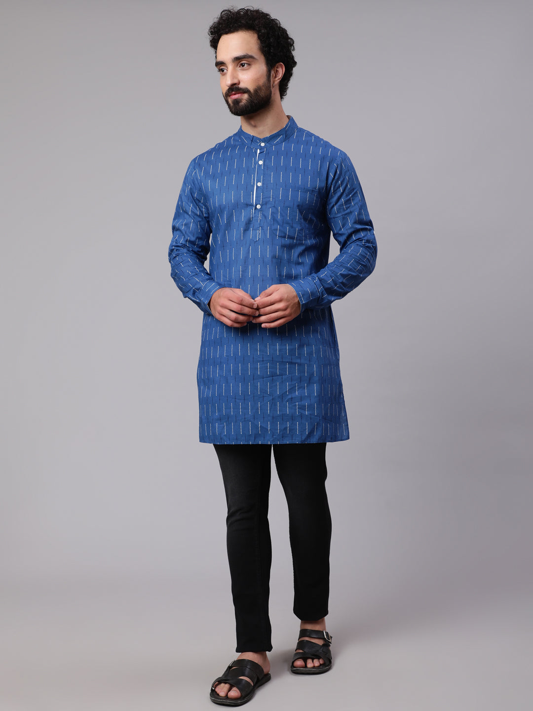 Blue Printed Straight Kurta With Roll-Up Sleeve - Elganza
