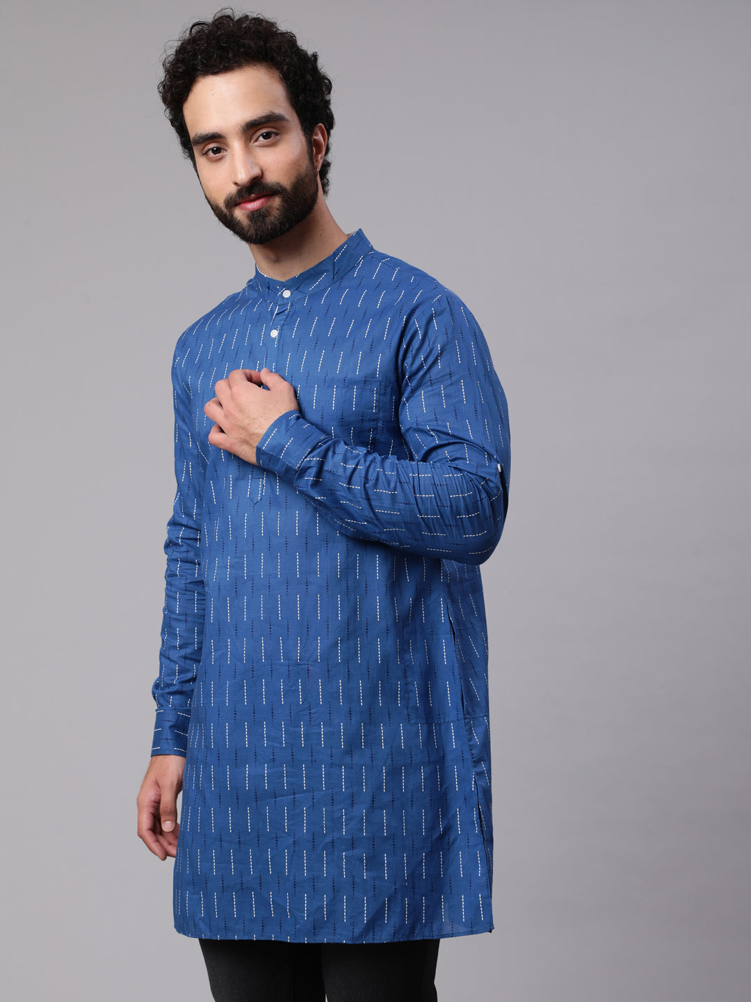 Blue Printed Straight Kurta With Roll-Up Sleeve - Elganza