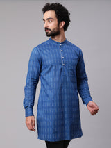 Blue Printed Straight Kurta With Roll-Up Sleeve - Elganza