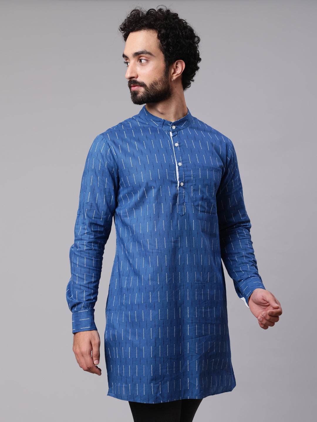 Blue Printed Straight Kurta With Roll-Up Sleeve - Elganza