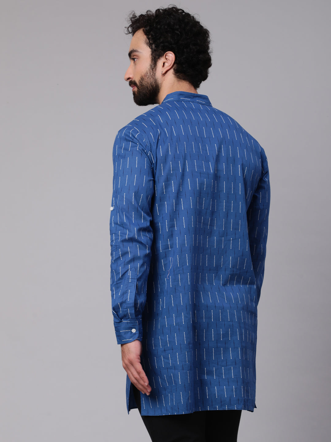 Blue Printed Straight Kurta With Roll-Up Sleeve - Elganza