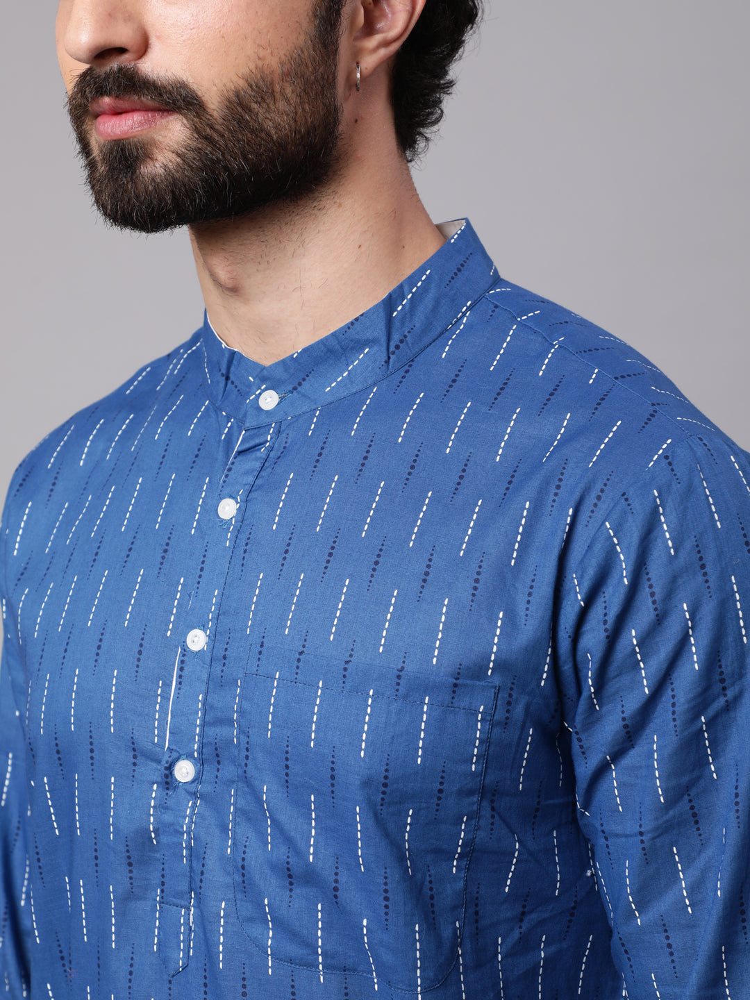 Blue Printed Straight Kurta With Roll-Up Sleeve - Elganza