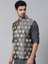 Grey Brocade Nehru Jacket - Elganza
