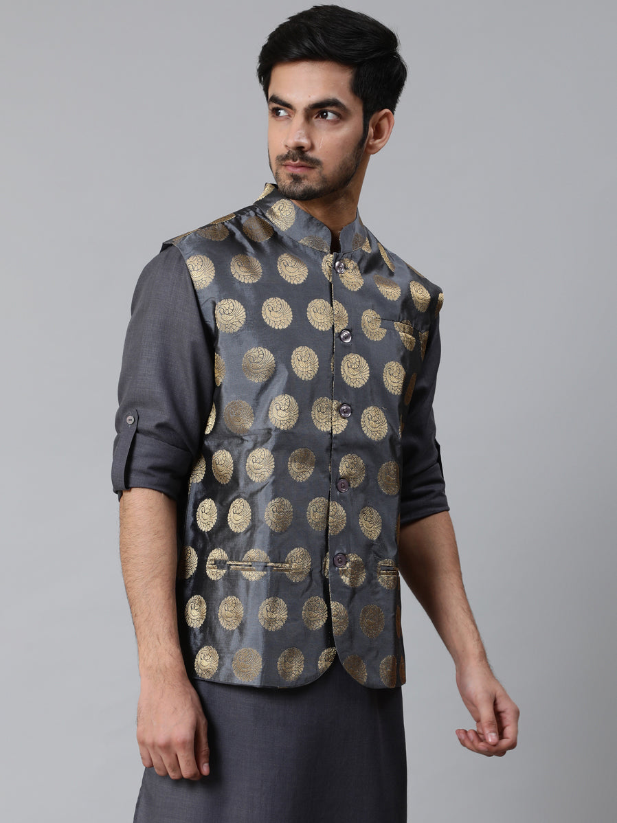 Grey Brocade Nehru Jacket - Elganza