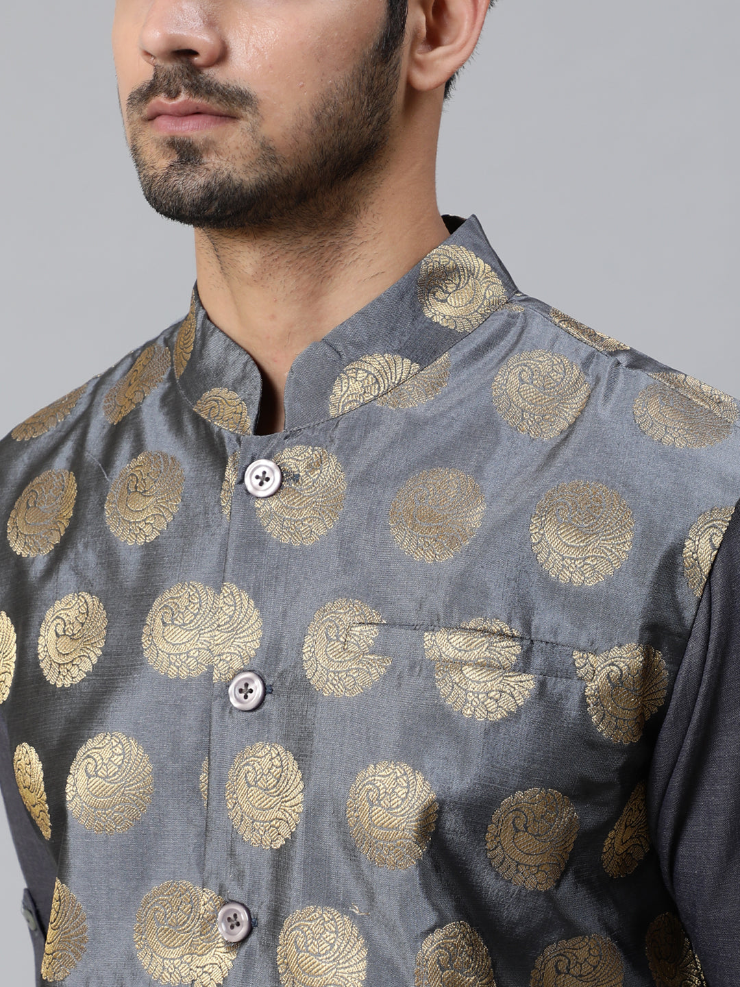 Grey Brocade Nehru Jacket - Elganza