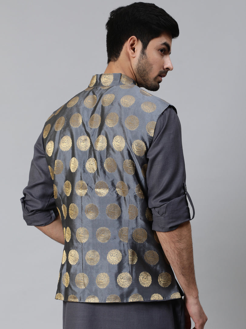 Grey Brocade Nehru Jacket - Elganza