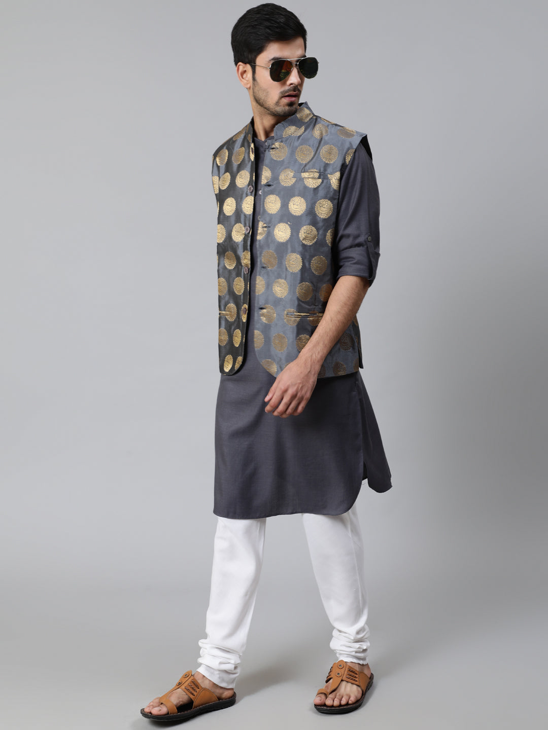 Grey Brocade Nehru Jacket - Elganza
