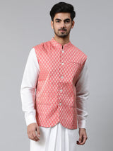Peach Brocade Nehru Jacket - Elganza