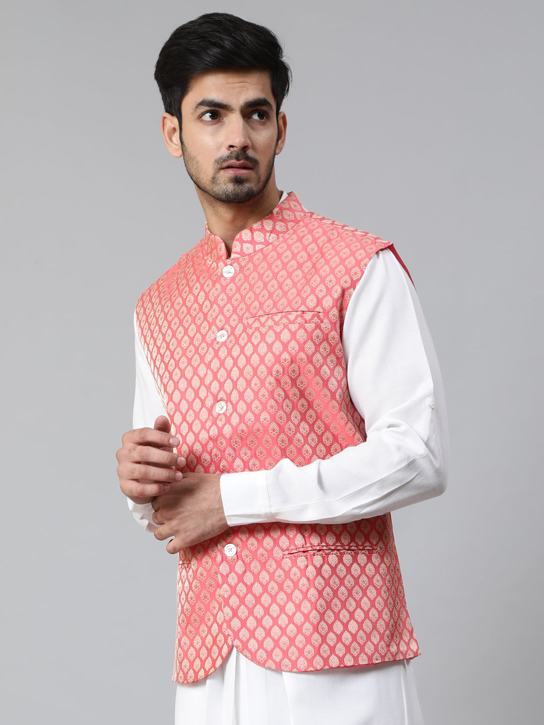 Peach Brocade Nehru Jacket - Elganza