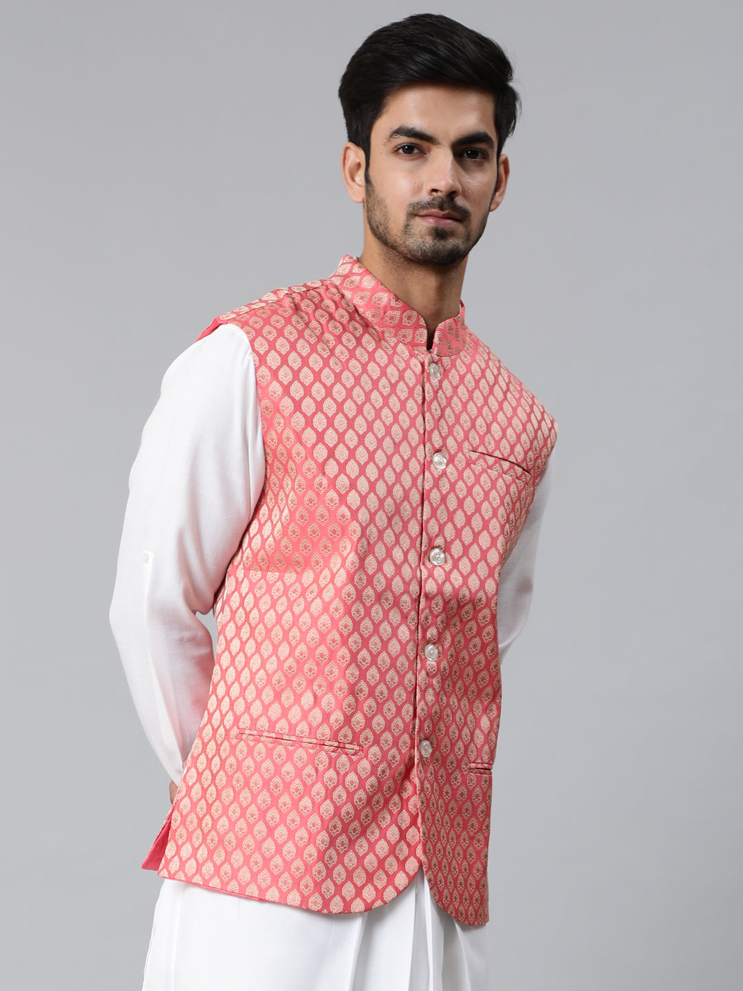 Peach Brocade Nehru Jacket - Elganza