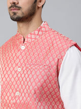 Peach Brocade Nehru Jacket - Elganza