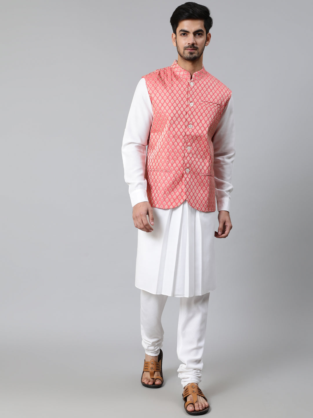 Peach Brocade Nehru Jacket - Elganza