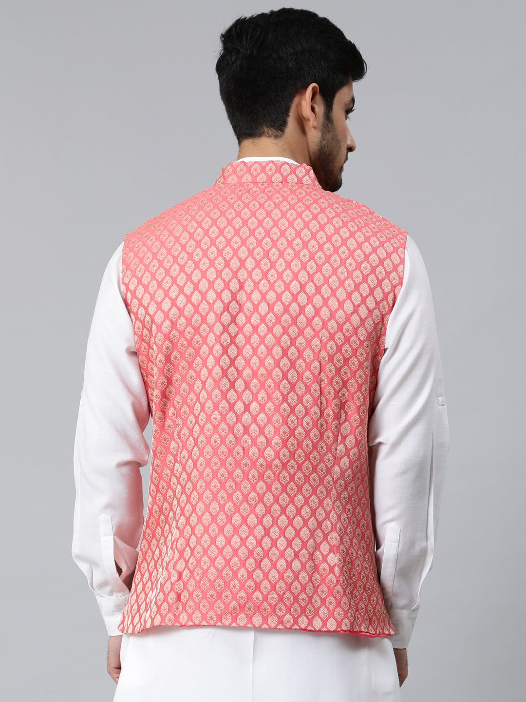 Peach Brocade Nehru Jacket - Elganza