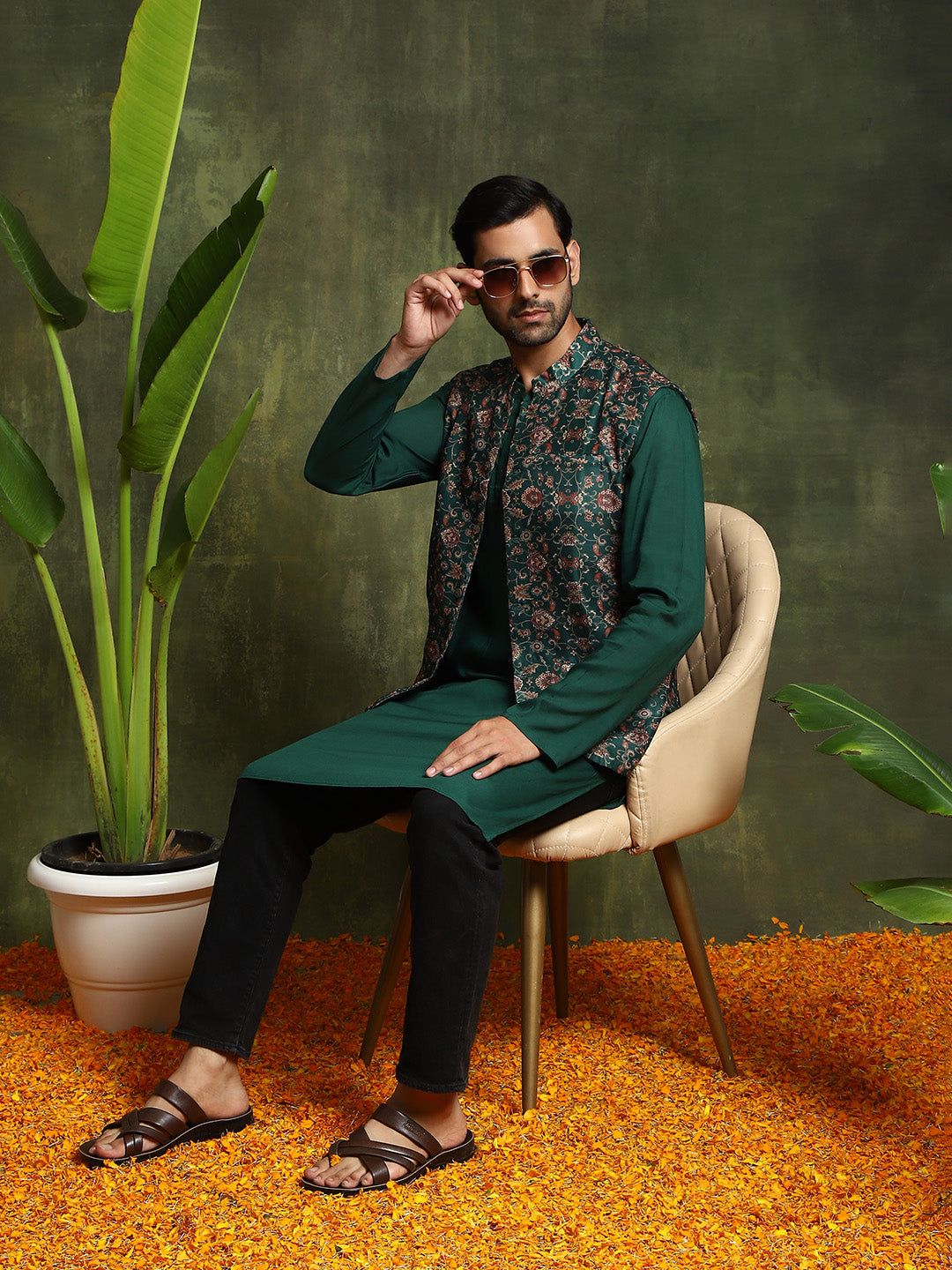 Green Floral Print Couple Combo - Elganza