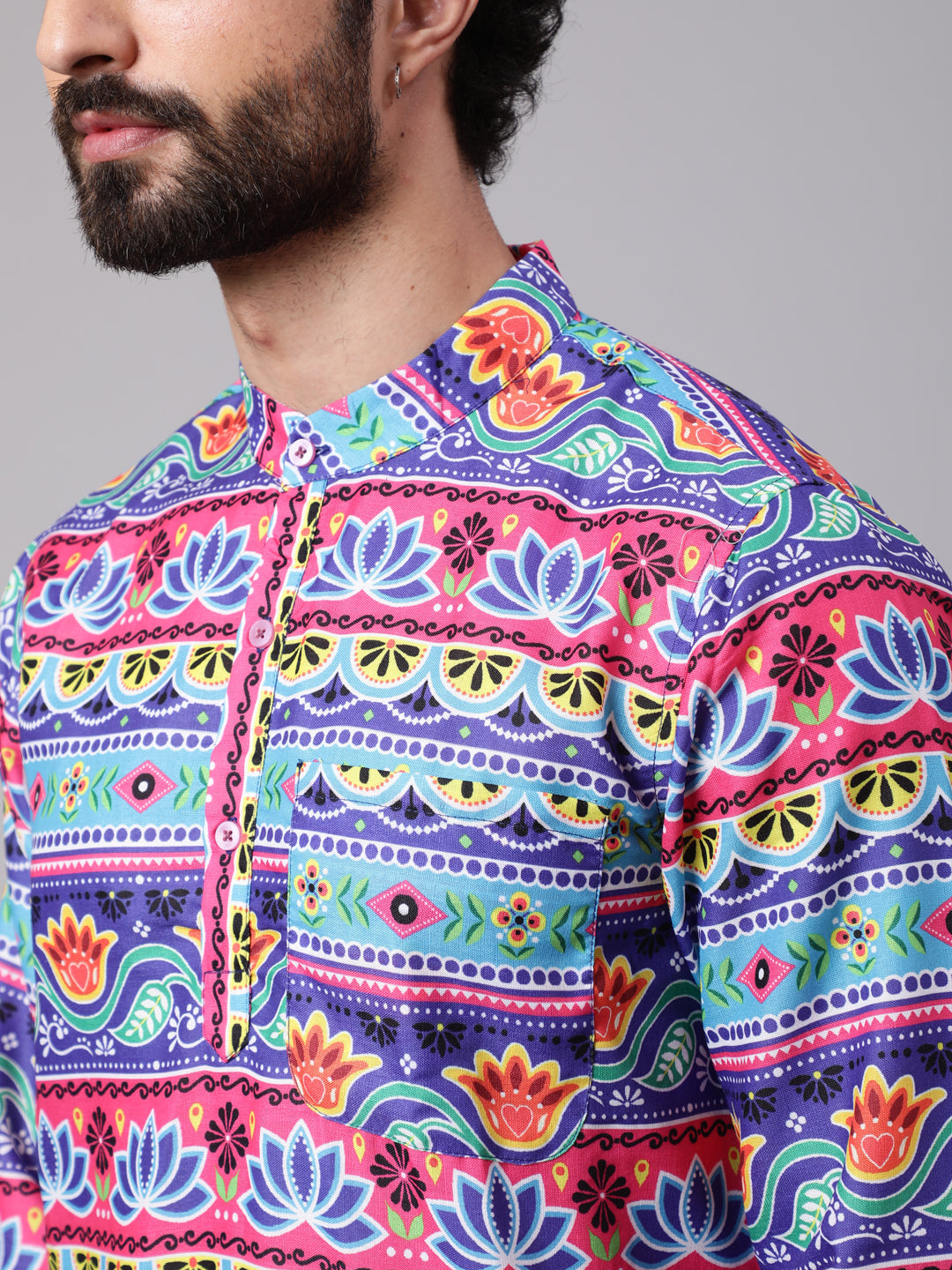 Blue Red Floral Print Kurta - Elganza