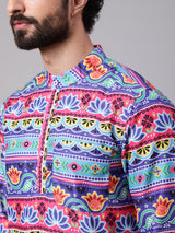 Blue Red Floral Print Kurta - Elganza