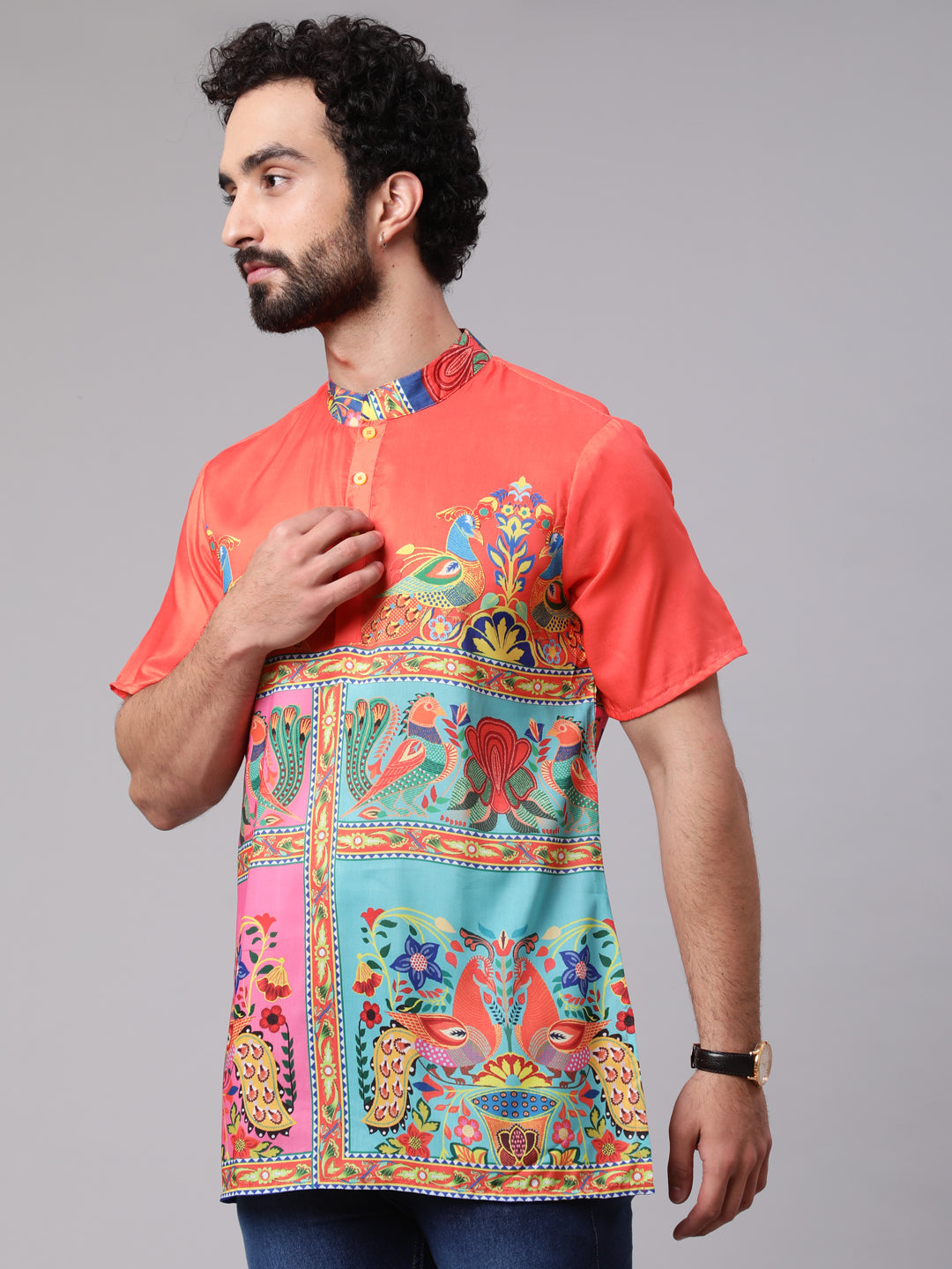 Orange Yellow Digital Print Short Kurta - Elganza