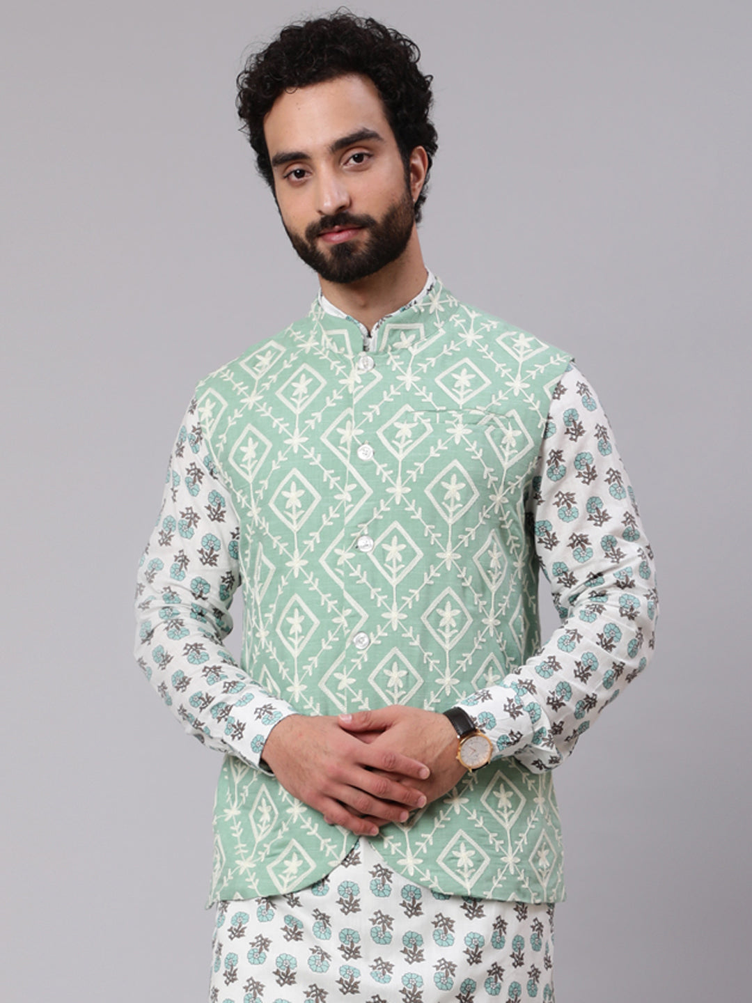 Pastel Green Embroidered Nehru Jacket - Elganza