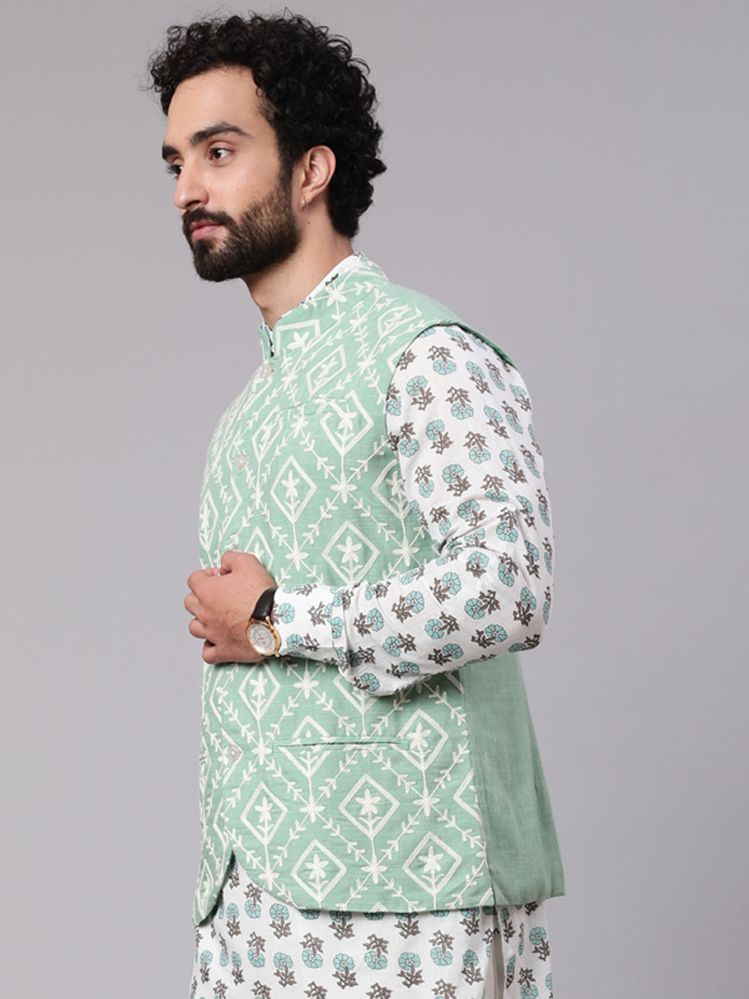 Pastel Green Embroidered Nehru Jacket - Elganza