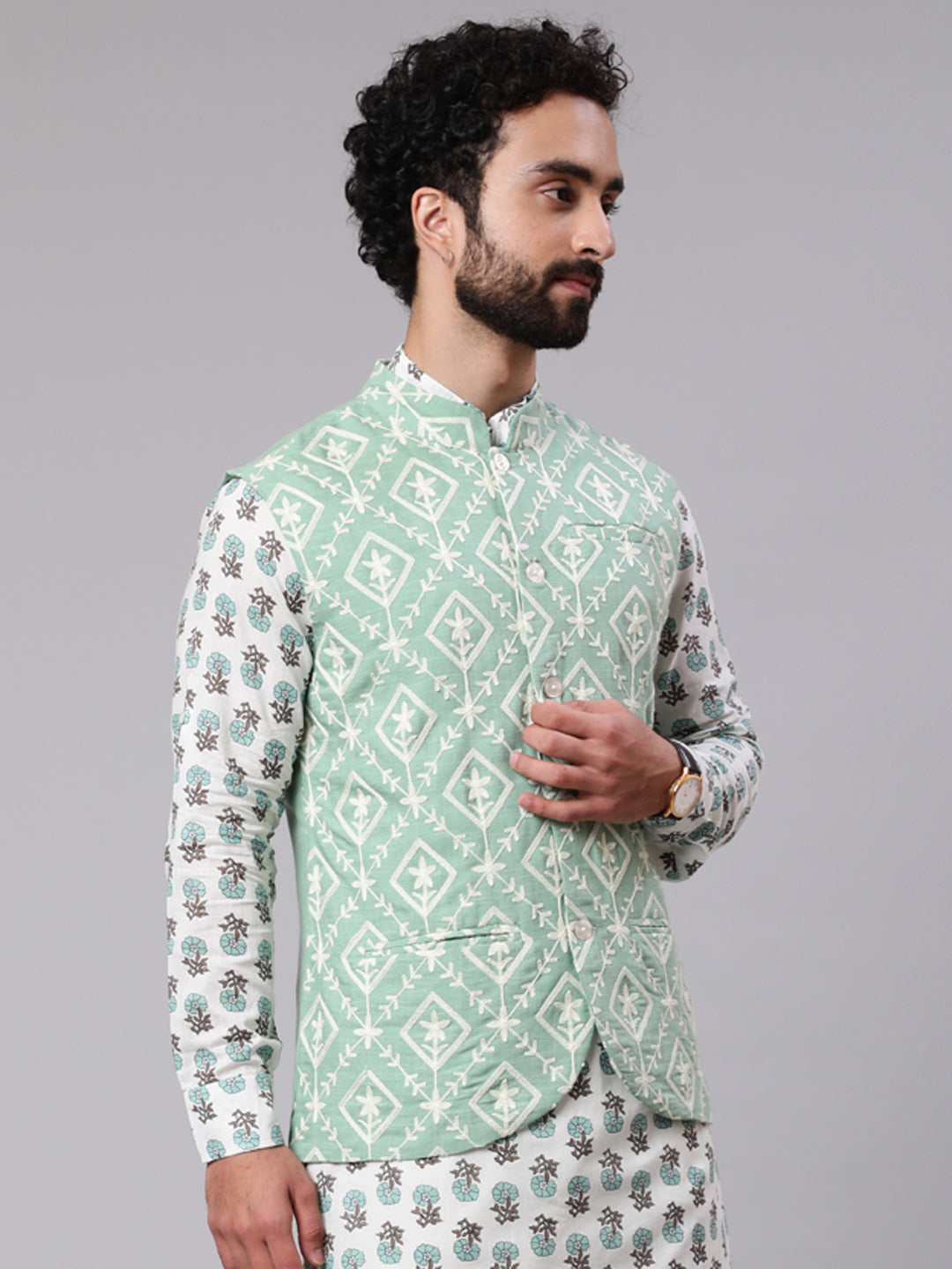 Pastel Green Embroidered Nehru Jacket - Elganza