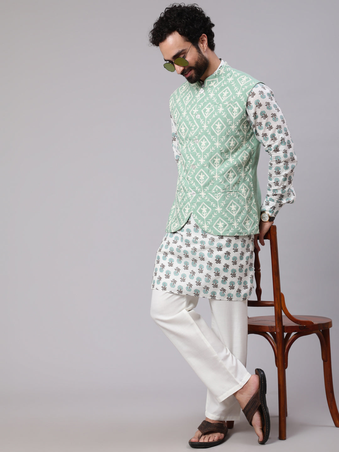 Pastel Green Embroidered Nehru Jacket - Elganza