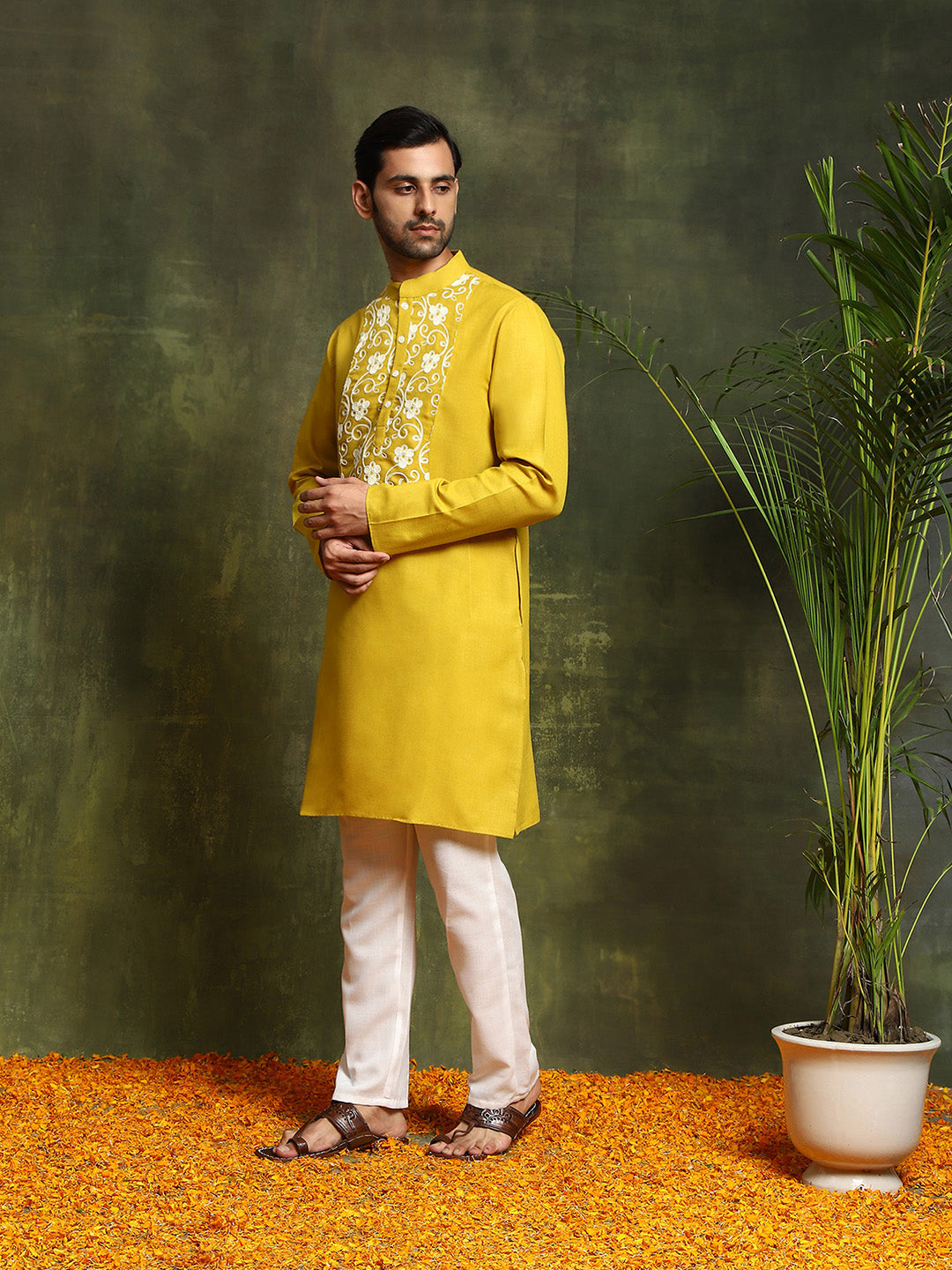 Mustard Embroidered Long Kurta - Elganza