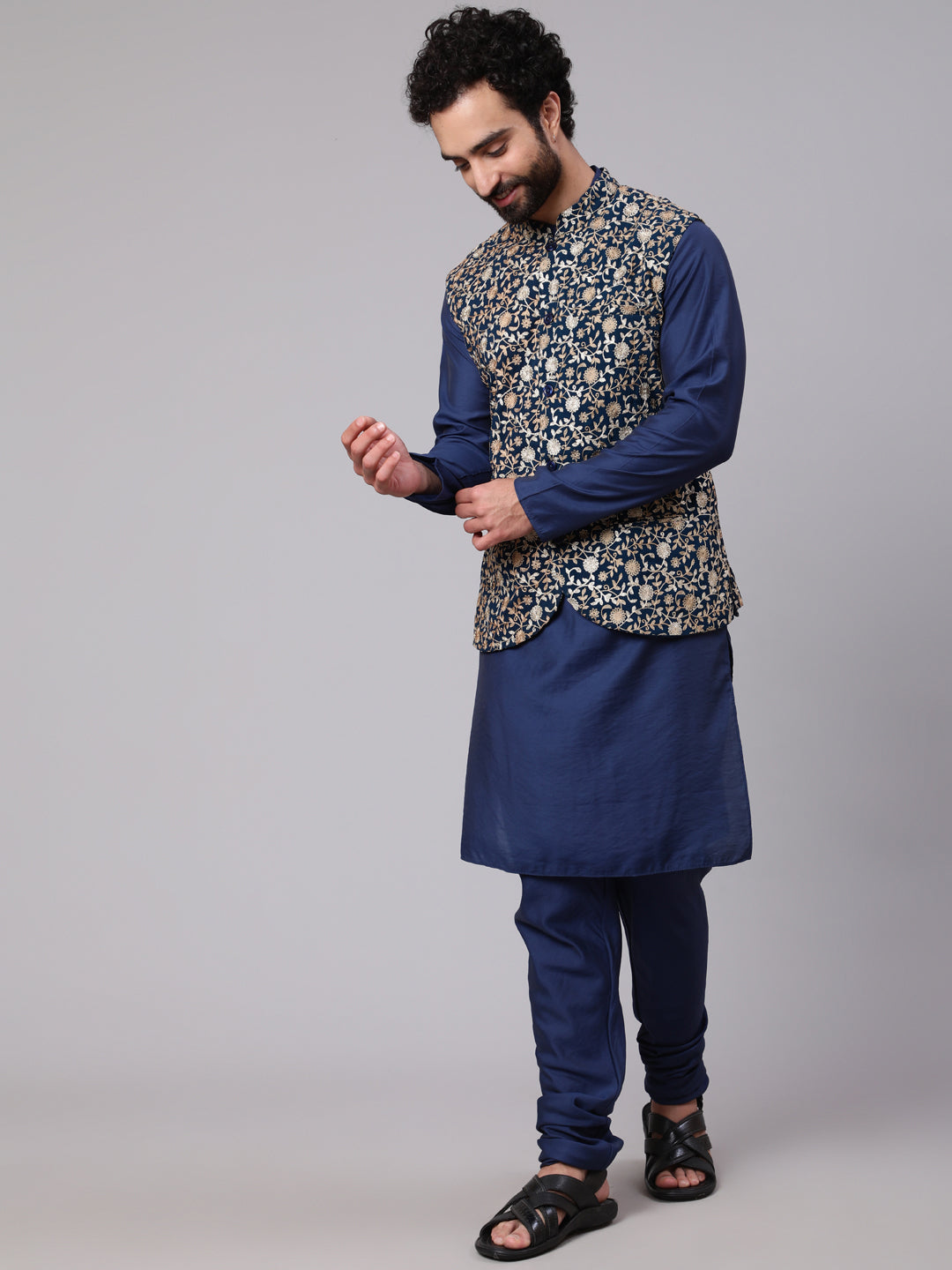 Blue Kurta Churidar With Embroidered Nehru Jacket - Elganza