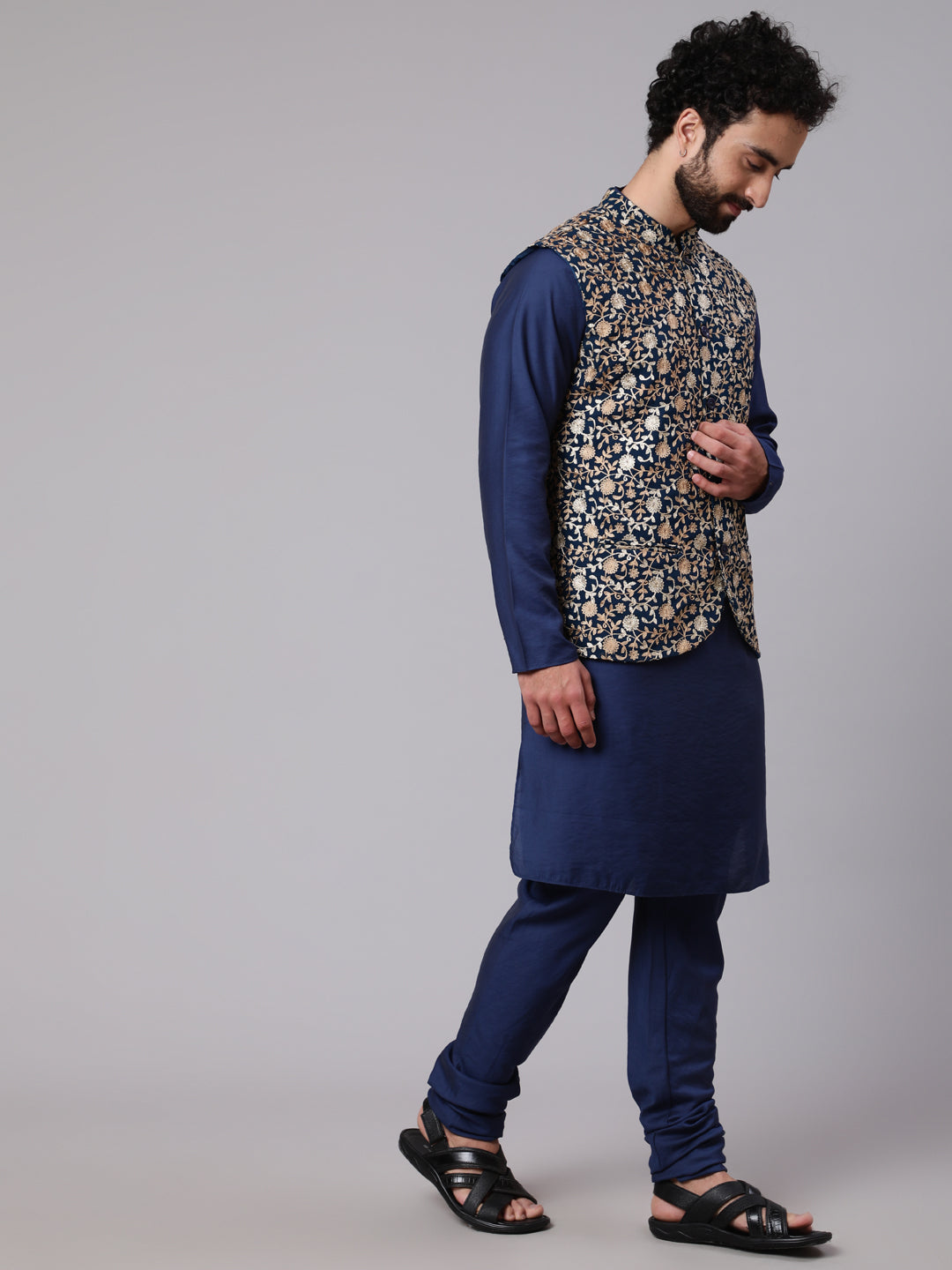 Blue Kurta Churidar With Embroidered Nehru Jacket - Elganza