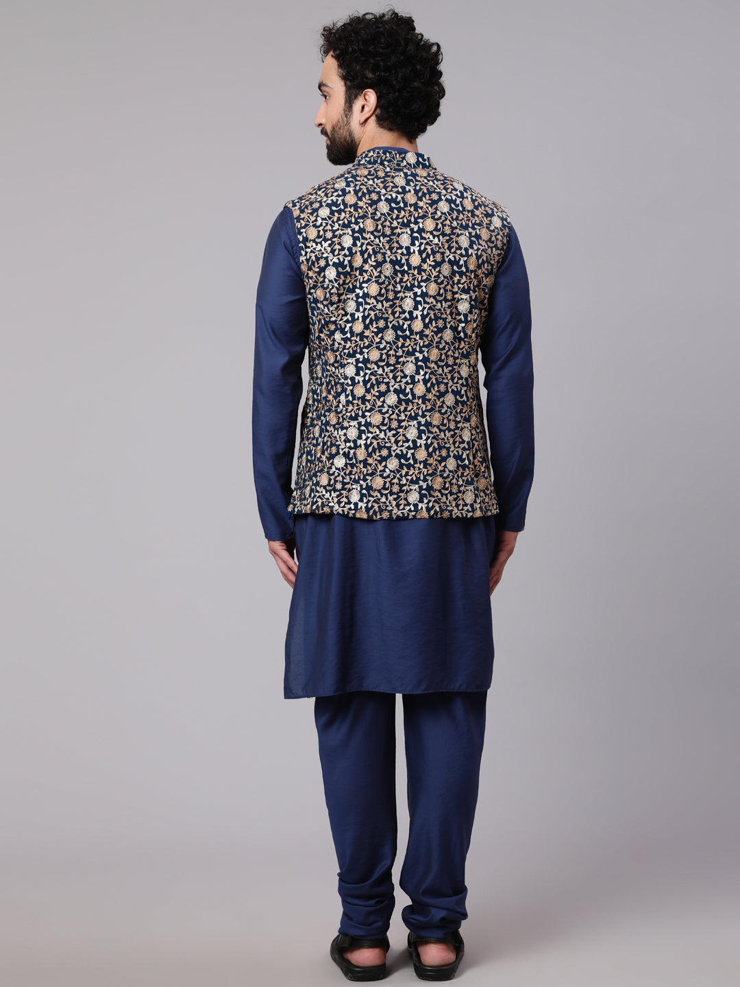 Blue Kurta Churidar With Embroidered Nehru Jacket - Elganza