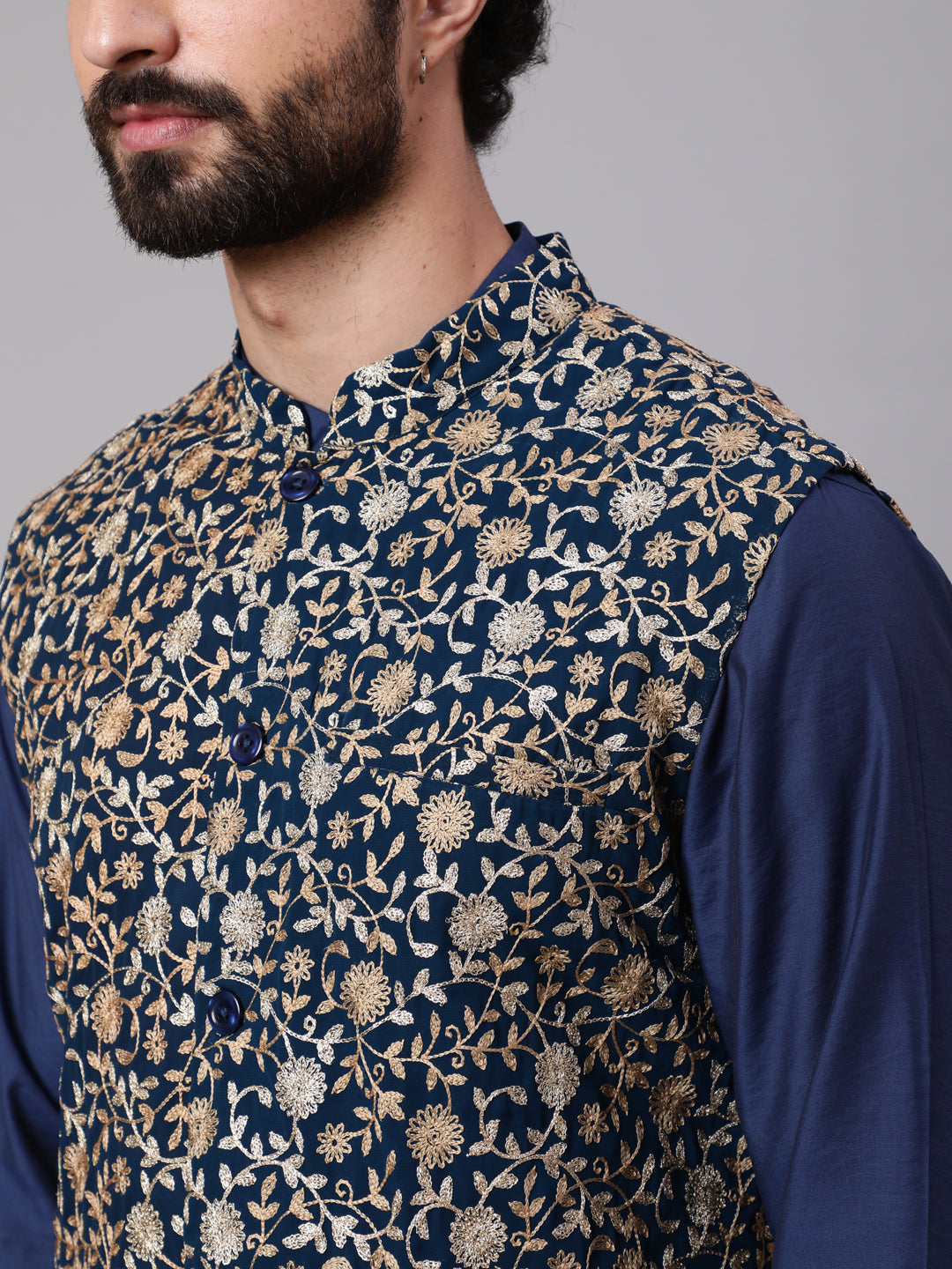 Blue Kurta Churidar With Embroidered Nehru Jacket - Elganza