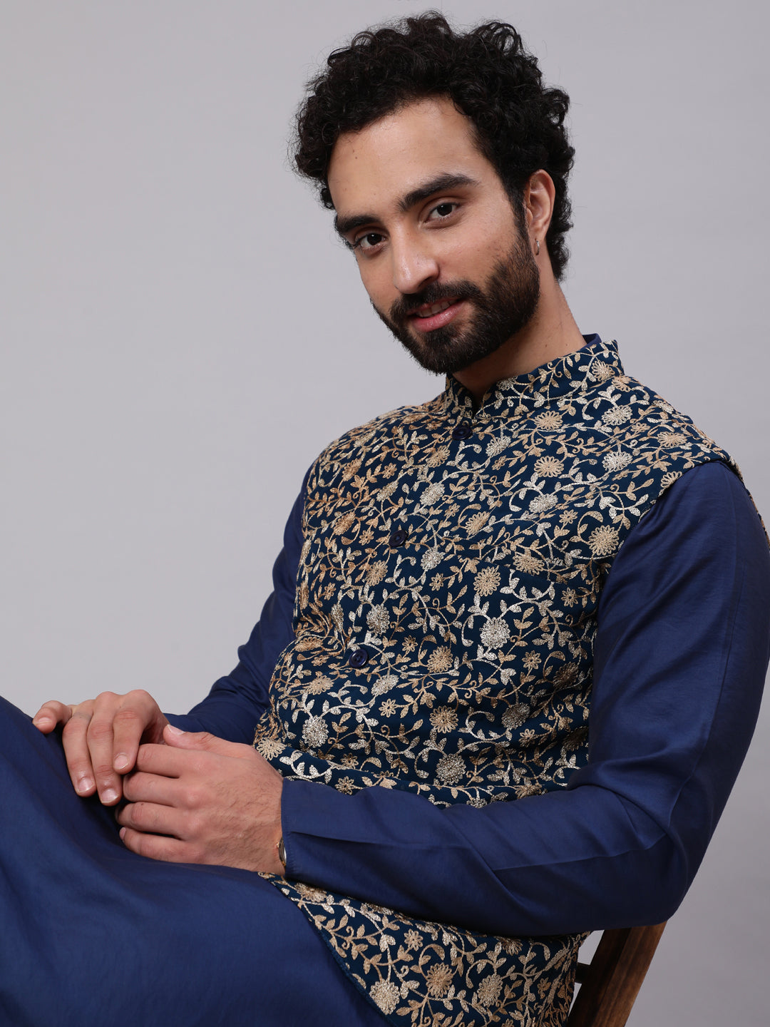 Blue Kurta Churidar With Embroidered Nehru Jacket - Elganza