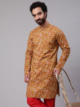Mustard Floral Print Long Kurta - Elganza