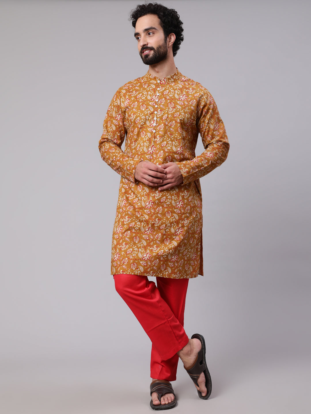 Mustard Floral Print Long Kurta - Elganza