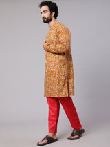Mustard Floral Print Long Kurta - Elganza