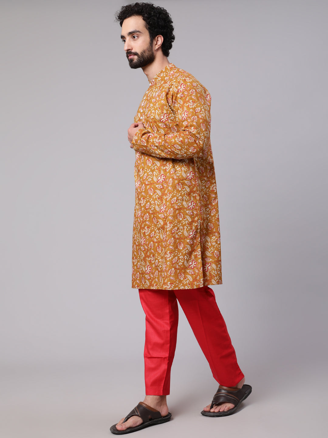 Mustard Floral Print Long Kurta - Elganza